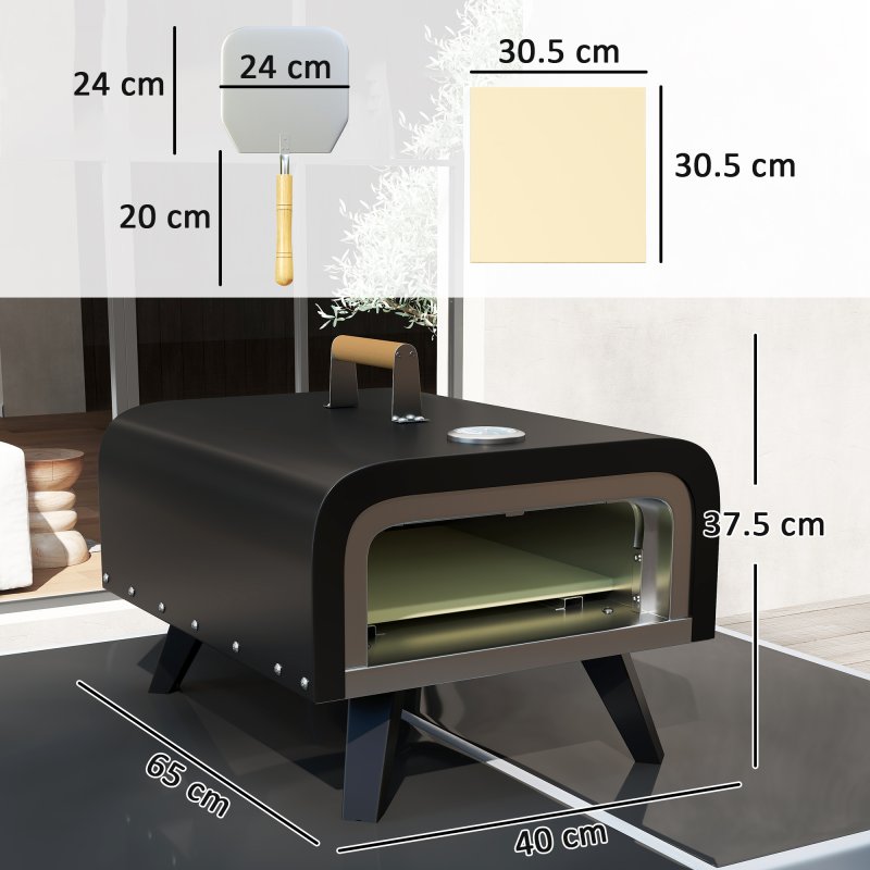 Outsunny Outdoor Tabletop Gas Pizza Oven with 12" Stone and Peel, Portable Pizza Oven Maker with Thermometer, Foldable Legs, Handle, Gas Hose and Regulator, Black