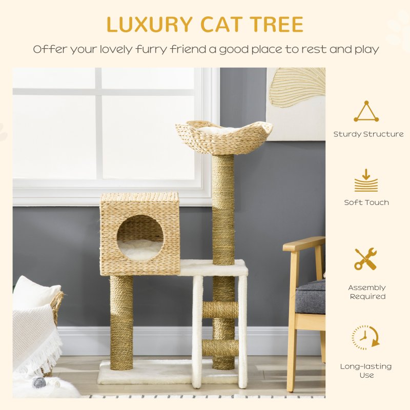 PawHut Flower Cat Tree for Indoor Cats Kitten Tower Cattail Weave with Scratching Posts, Cat House, Bed, Ladder, Washable Cushions, 57 x 37 x 100.5 cm - Natural Finish