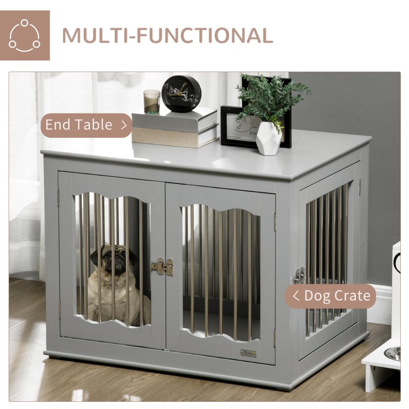 PawHut Dog Crate End Table with Three Doors, Furniture Style Dog Crate with Interchanged Side Door, for Medium Dogs, Indoor Use w/ Locks and Latches - Grey
