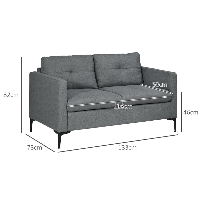 HOMCOM 2 Seater Sofa for Living Room, 133cm Loveseat Sofa, Modern Fabric Couch with Steel Legs for Bedroom, Dark Grey