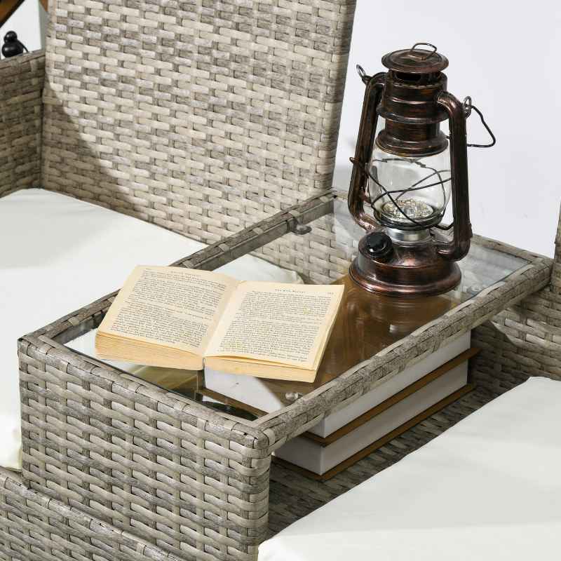 Outsunny 2 Seat Rattan Garden Bench, Patio Wicker Chair with Glass Tea Table, Outdoor Love Seat with Padded Cushions, for Garden, Porch, Mixed Grey/Cream White