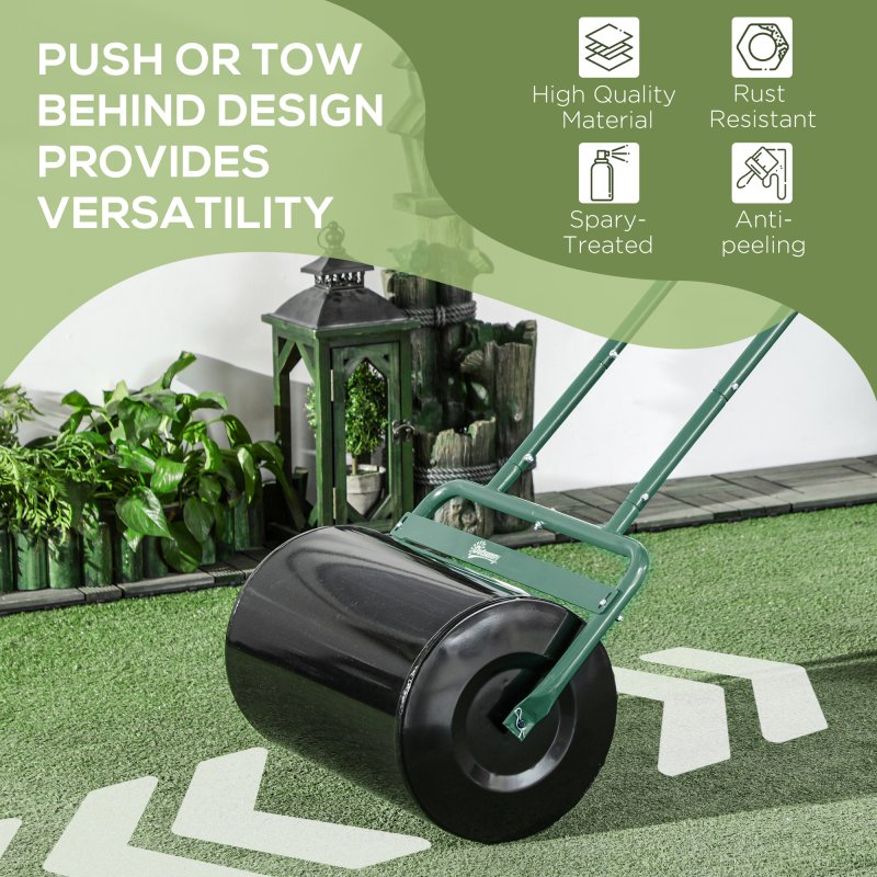 Outsunny Combination Push/Tow Lawn Roller Filled with 38L Sand (62kg) or Water, Great for the Garden 32 x 50cm Roller, Dark Green