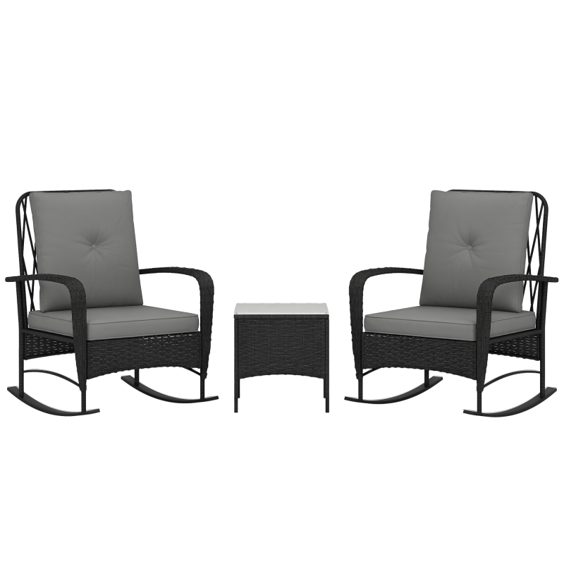 Outsunny 3 Pieces Rattan Bistro Set, Wicker Garden Furniture Set with Cushions, Glass Top Coffee Table and Rocking Chairs, Small Balcony Furniture for Outdoor, Porch, Black