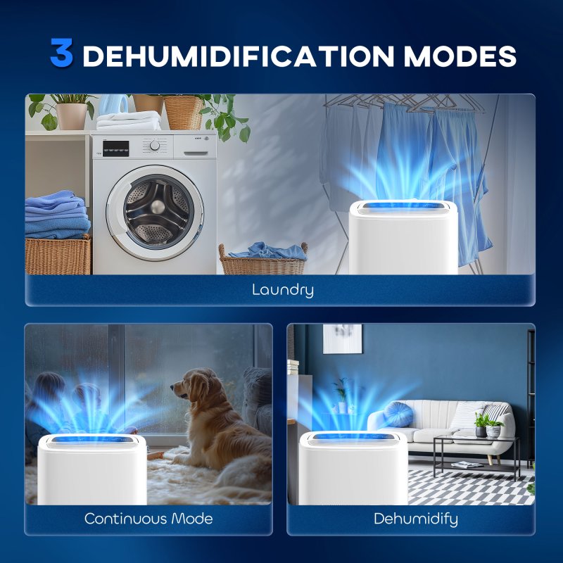 HOMCOM 20L/Day Dehumidifier with Continuous Drainage, 5L Water Tank, 24H Timer, Digital Humidity Display, Humidity Light, Dehumidifier for Home Damp, Bedroom, Condensation, Mould, Laundry Drying