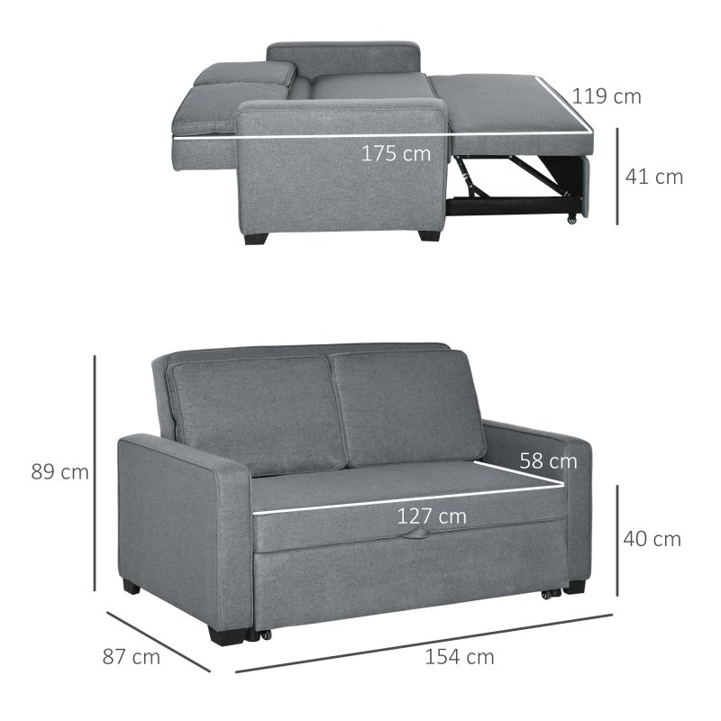 HOMCOM 2 Seater Pull Out Sofa Bed, Fabric Click Clack Sofa Bed with Wood Legs, Convertible Sleeper Couch for Living Room, Guest Room, Grey