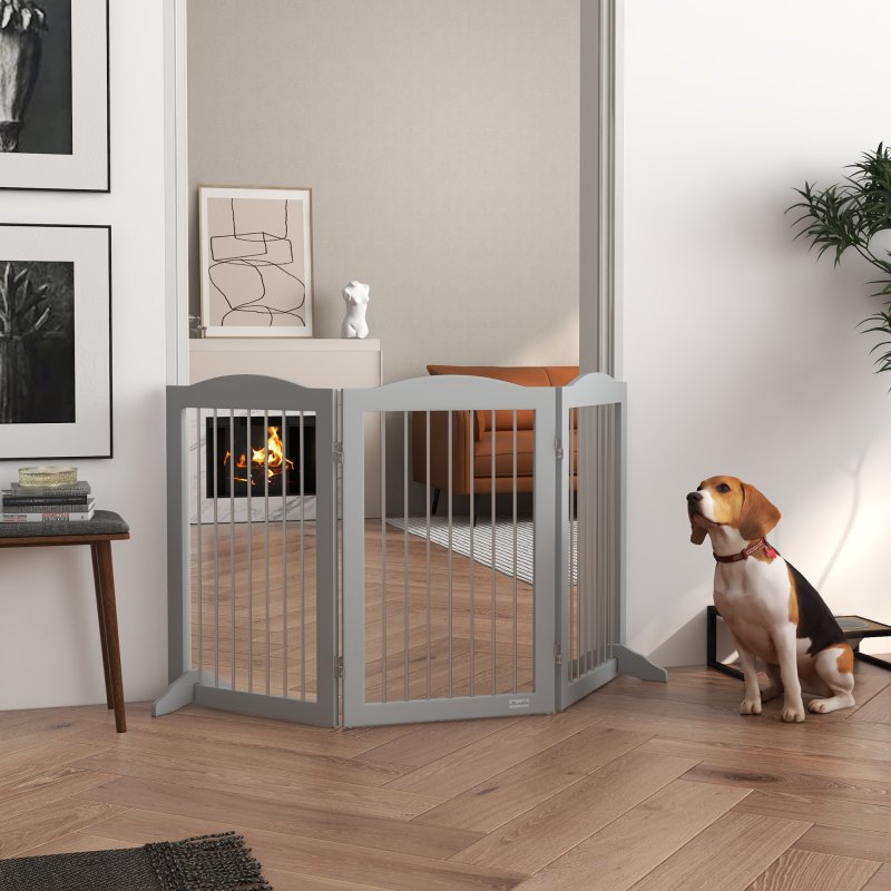 PawHut Foldable Dog Gate, Freestanding Pet Gate, Dog Barrier with Two Support Feet, for Doorways, Stairs, Halls - Grey