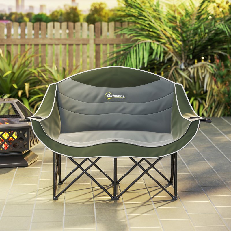 Outsunny Double Camping Chair for Adults, Oversized Heavy Duty Padded Folding Chair with Armrests, Cup Holders and Carry Bag for Outdoor Camping Hiking Picnic Fishing, 250kg Capacity, Green