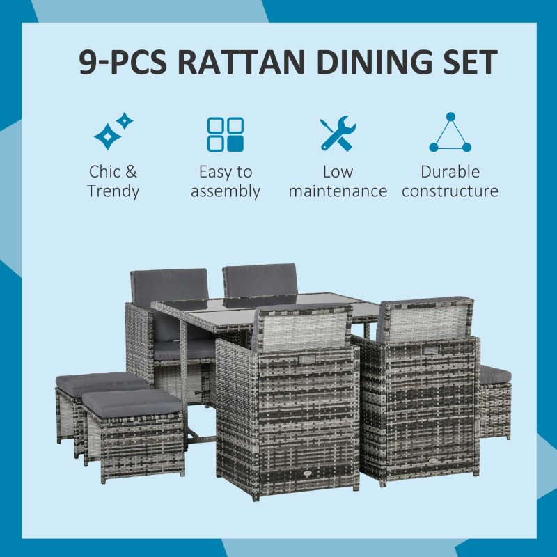 Outsunny 8 Seater Rattan Cube Garden Furniture Set, Rattan Dining Set with Cushions, Outdoor Dining Table and Chairs with 4 Armchairs, 4 Stools, Square Glass Top Table, Mixed Grey