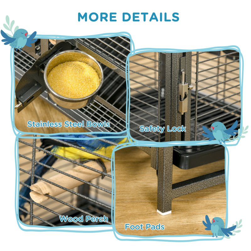 PawHut Bird Cage Budgie Cage for Budgie, Lovebirds, Green Cheek Canary, Parakeet, Cockatiel, Travel Breeding Cage w/ Wooden Perch Handle, 48 x 38 x 65 cm