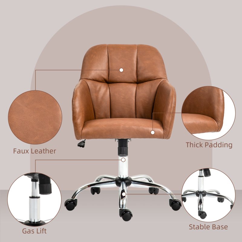 HOMCOM Computer Desk Chair, PU Leather Swivel Office Chair, Makeup Vanity Chair with Height Adjustable, Wheels, for Home Study Bedroom, Brown