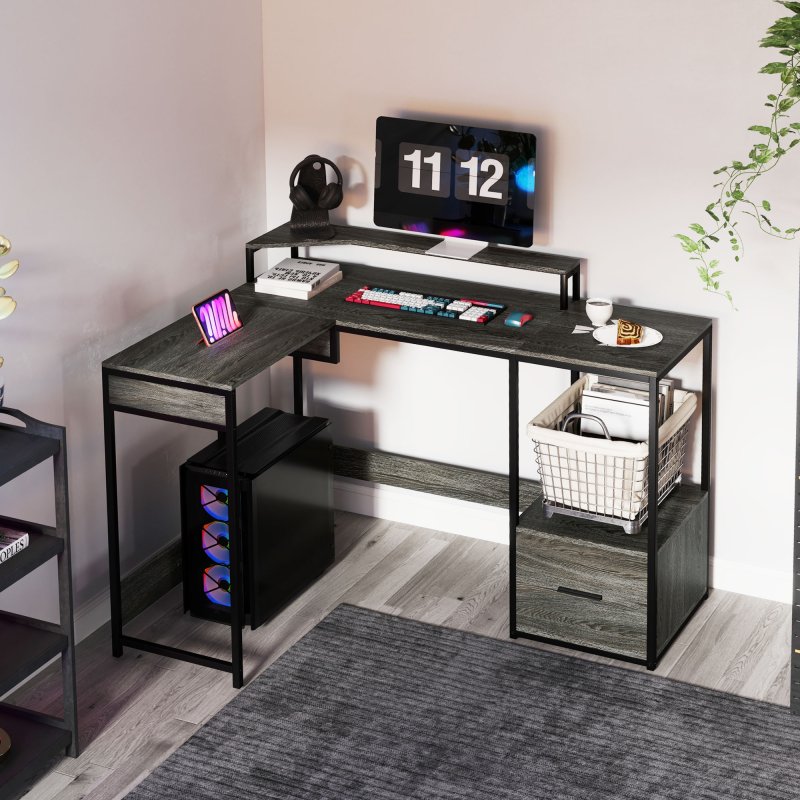 HOMCOM L Shaped Desk, Computer Desk with Liftable Desktop, Industrial Corner Desk with Drawer for A4/Letter Size, Home Office Desk with Monitor Stand for Home Office