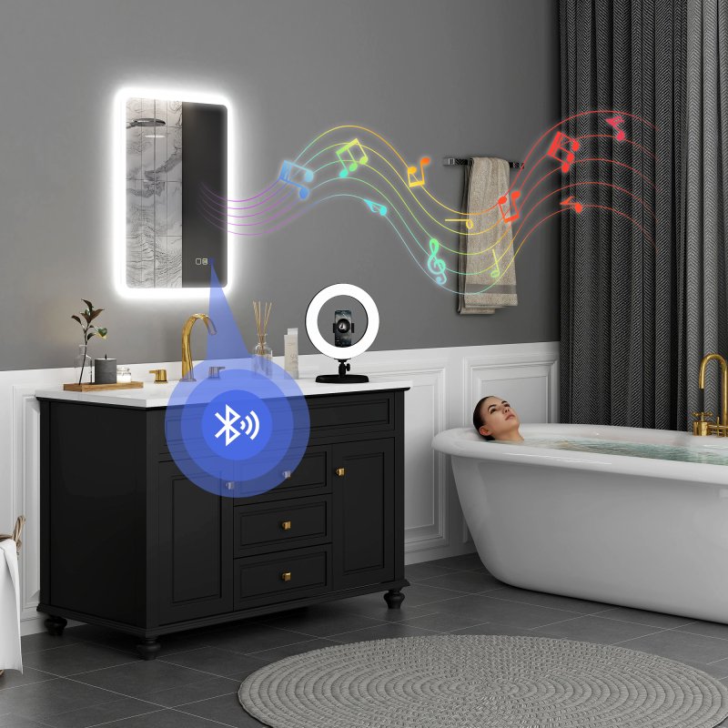 HOMCOM  Backlit Illuminated Bathroom Mirror with LED Lights and Bluetooth, Wall Mounted Vanity Mirror with 3 Colours Dimmable, Anti-Fog, Memory Function, Touch Switch, IP44