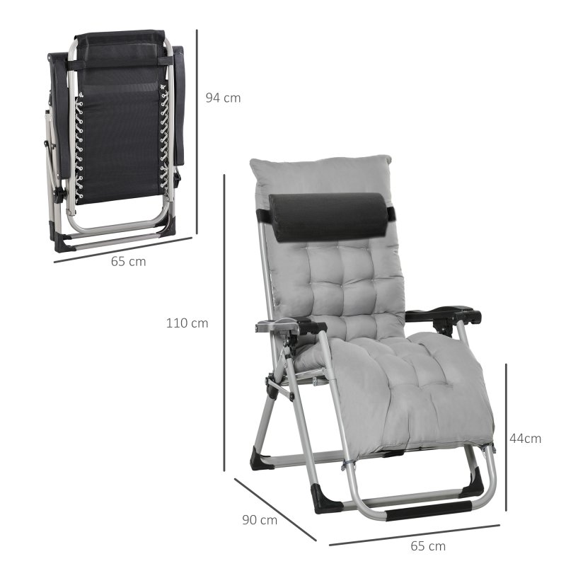 Outsunny 2 Piece Reclining Zero Gravity Chair Metal Frame Folding Garden Sun Lounger with Cushion Headrest, Light Grey
