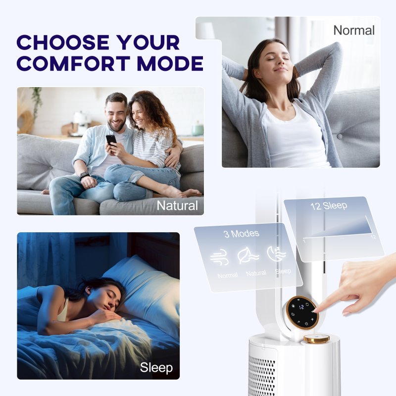 HOMCOM Bladeless Tower Fan with UV Sterilisation & Humidifier, 3-in-1 Air Cooling Fan with Oscillation, 12-Speed, Remote Control, 8H Timer, Sleep Mode, for Home Office, White