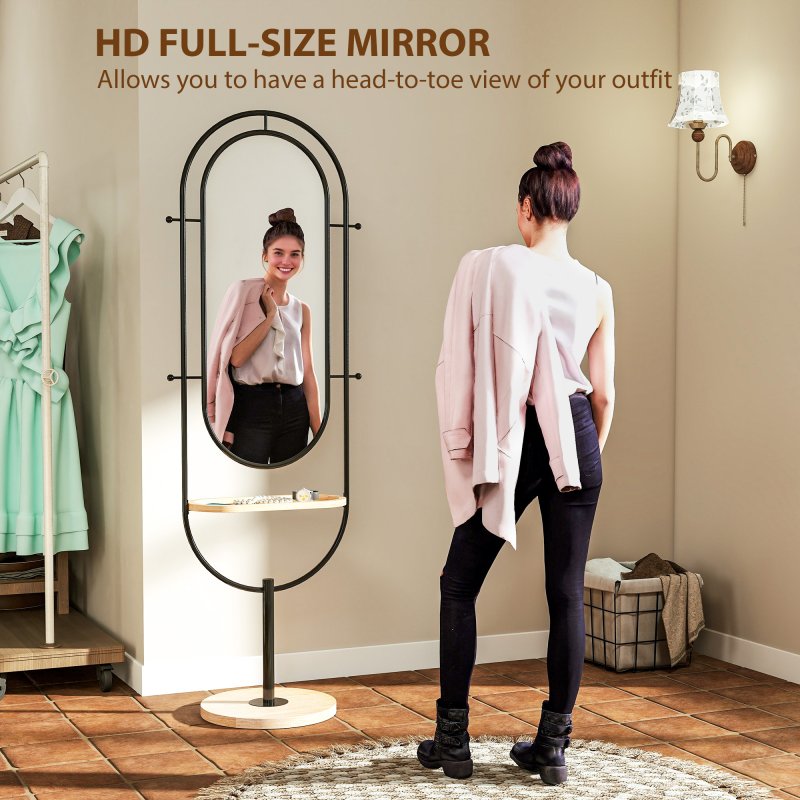 HOMCOM Full Length Mirror, Oval Free Standing Mirror with Wooden Tray, 4 Hooks and Metal Frame for Living Room, Bedroom, Cloakroom, Black