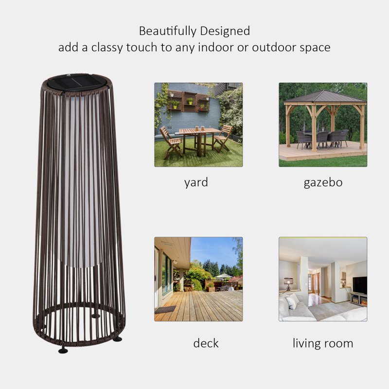 Outsunny Garden Rattan Lamp, 61 cm Tall Solar Rattan Floor Lamp, Solar Garden Light with Auto On/Off LED Light, IP44 Waterproof for Outdoor, Porch, Pathway, Terrace, Brown