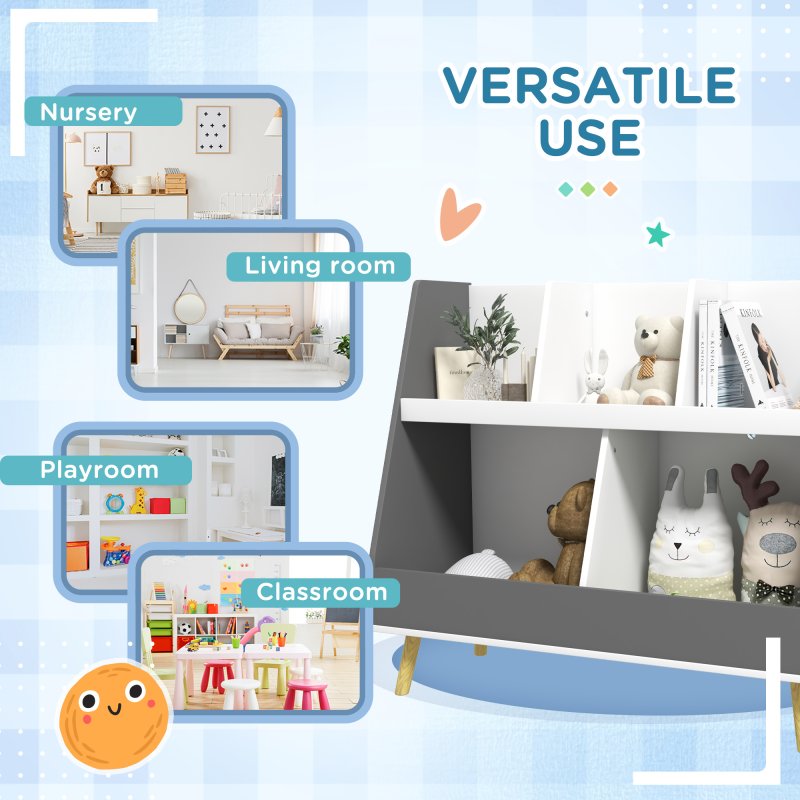 HOMCOM Kids Storage Shelf, 2-Tier Kids Book Shelf with 5 Compartments, Anti-Tip Device, Pine Wood Legs, for Nursery, Playroom, Classroom - Grey