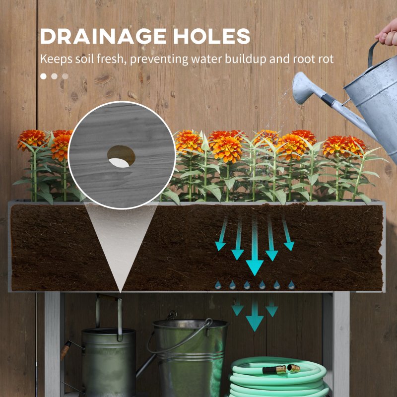 Outsunny Wooden Raised Garden Bed, Elevated Planter Box with Bed Liner, Drainage Holes and Storage Shelf, Raised Planter for Vegetables, Flowers, Herbs, 100 x 30 x 71 cm, Grey