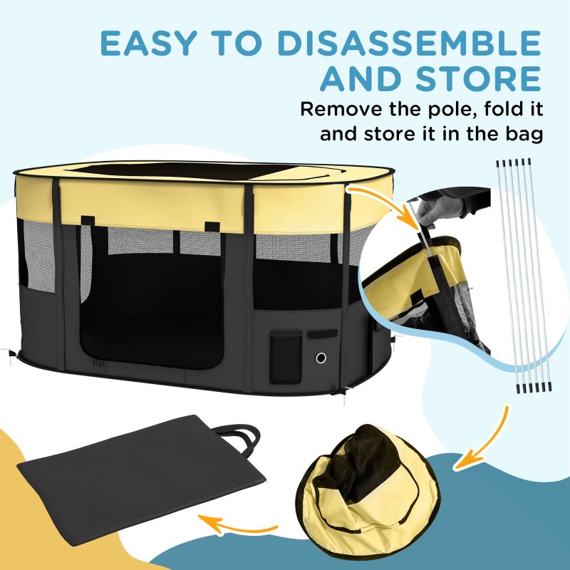 PawHut Dog Pen, Pet Playpen, Portable Foldable Dog Cat Playpen Soft Pet Cage with Storage Bag for Puppies, Rabbits, Kittens, Guinea Pigs, 114 x 89 x 59cm - Yellow