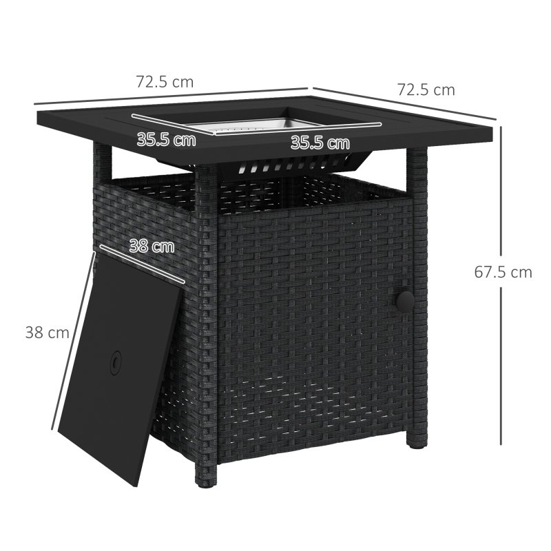 Outsunny Outdoor Rattan Gas Fire Pit Table, 50,000 BTU Square Garden Table with Fire Pit, Rain Cover, Wind Guard, Pulse-Ignition and Volcanic Rock, 72.5 x 72.5 x 67.5 cm, Black