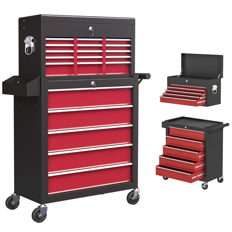 HOMCOM 2 in 1 Rolling Tool Cabinet on Wheels with 14 Drawers, Pegboard and Side Rack, Lockable Top Tool Chest and Roller Cabinet Combo for Workshop and Home, Red
