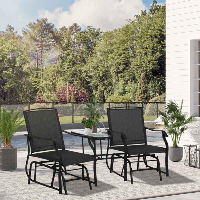 Outsunny Outdoor Double Glider Rocking Chairs with Glass Top Middle Table, Metal Gliding Love Seat Conversation Furniture with Breathable Mesh Fabric Seat, for Garden, Patio, Black