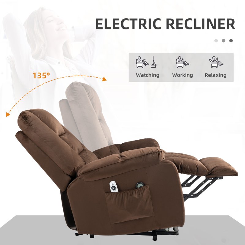 HOMCOM Velvet Riser and Recliner Chair for the Elderly, Quick Assembly, Fabric Overstuffed Lift Chair with Vibration Massage and Heat, Remote Control, Side Pockets, Dark Brown