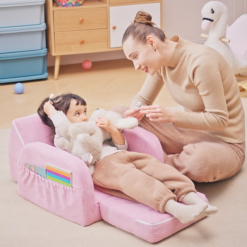 HOMCOM Children's Armchairs Kids Toddler Sofa Chair 2 in 1 Sofa Bed Folding Couch Soft Flannel Sponge Playroom Bedroom Living Room Pink