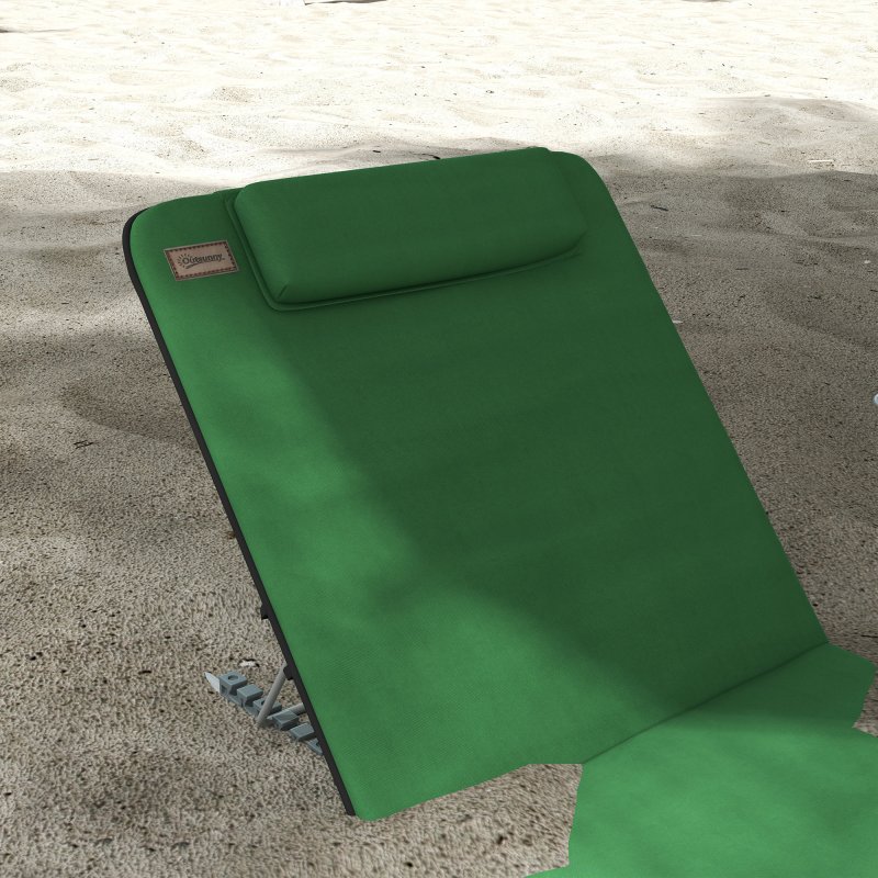 Outsunny Set of 2 Foldable Garden Beach Chair Mat Lightweight Outdoor Sun Lounger Seats Adjustable Back Metal Frame PE Fabric Head Pillow w/ Carry Bag, Green