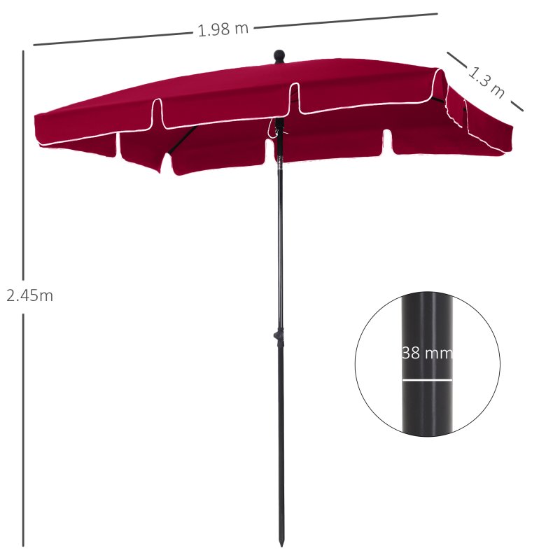 Outsunny 2 x 1.3m Garden Parasol Umbrella, Outdoor Market Table Umbrella with Ruffles & Aluminium Pole, Rectangular Tilting Parasol Sun Shade Canopy, Red