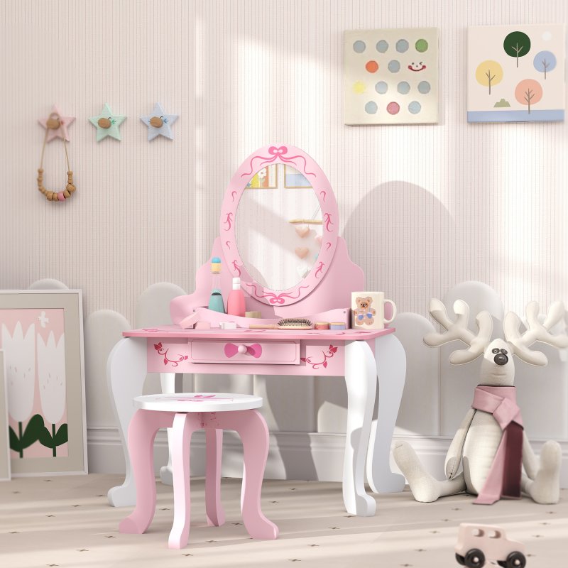 AIYAPLAY Kids Dressing Table Set, Two-Piece Kids Vanity Table with Stool, Mirror, Drawer, Desktop Storage, Ballet Theme, Girls Makeup Desk, Chair, Pink