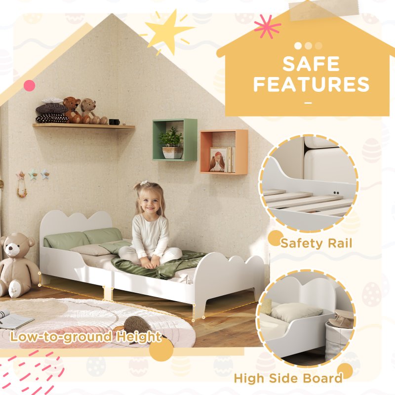 AIYAPLAY Toddler Bed, Cloud-Themed Kids Bed Frame with Safety Rails, Kids Bedroom Furniture, for Ages 3-8 Years, White