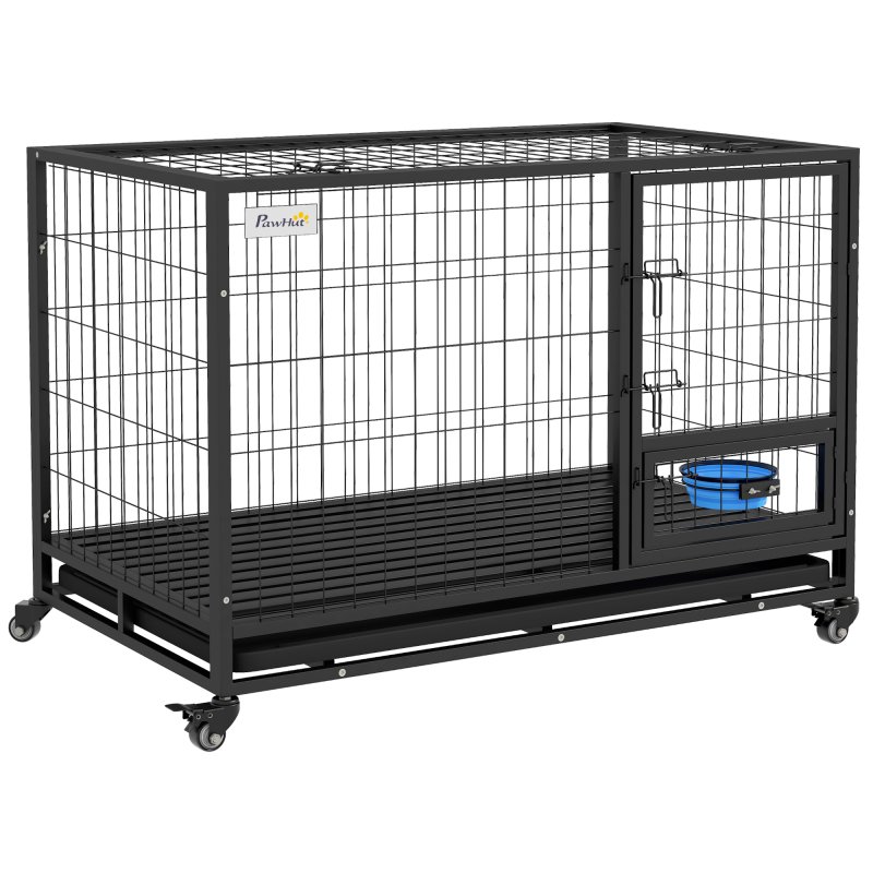 PawHut 48" Heavy Duty Dog Crate with Bowl Holder, Dog Cage on Wheels with Removable Tray, Openable Top, Detachable Door, Indoor Outdoor Use, for Large and Extra Large Dogs - Black