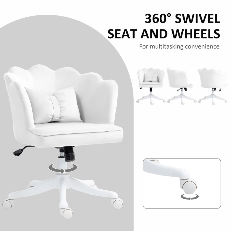 HOMCOM Computer Desk Chair, Armless Makeup Vanity Chair with Shell Back, Bow Pillow, Height Adjustable, Swivel Wheels for Home, Bedroom, White