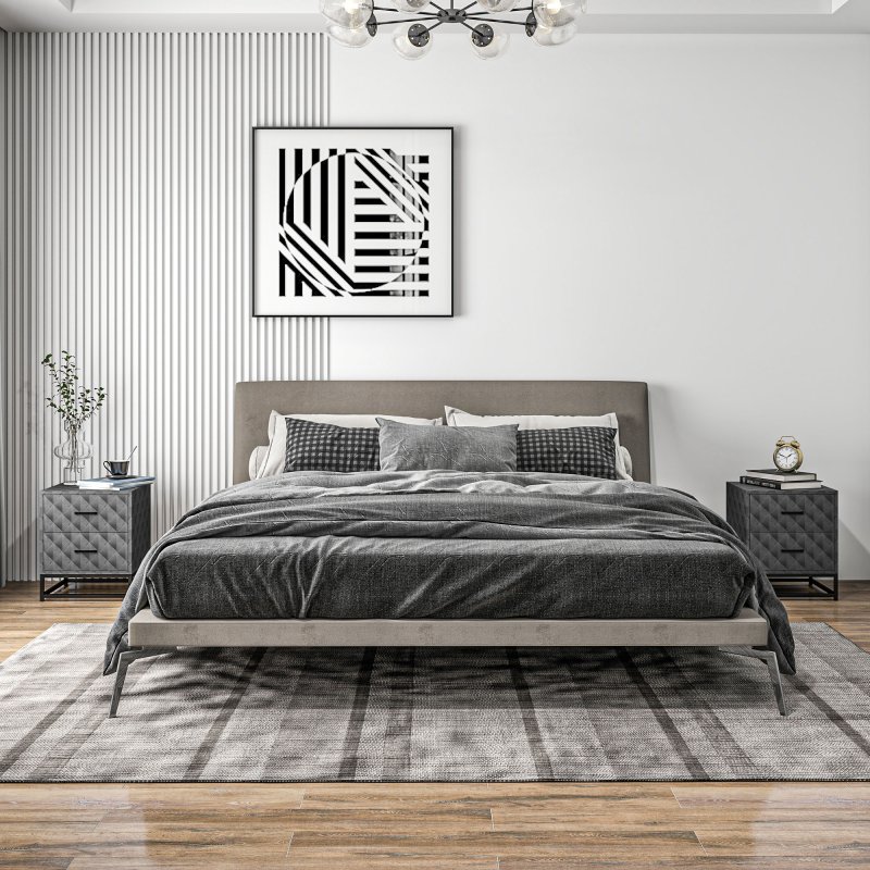 HOMCOM Bedside Tables Set of 2, Modern Bedside Table Nightstand with 2 Drawers, Bedside Cabinet Sofa Side Table with Storage, Steel Legs for Bedroom, Living Room, Grey