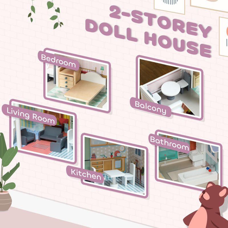 AIYAPLAY Dolls House with 13 Furniture Pieces and Accessories, 2 Levels Play Set with Balcony, Pretend Play Game, for Ages 3-6 Years