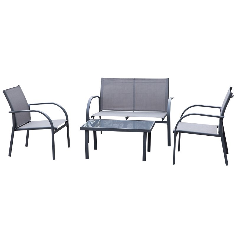 Outsunny 4 Pcs Curved Steel Outdoor Furniture Set w/ Loveseat, 2 Texteline Seats, Glass Top Table Garden Balcony Patio Furniture For Family Party Events Guests -Grey