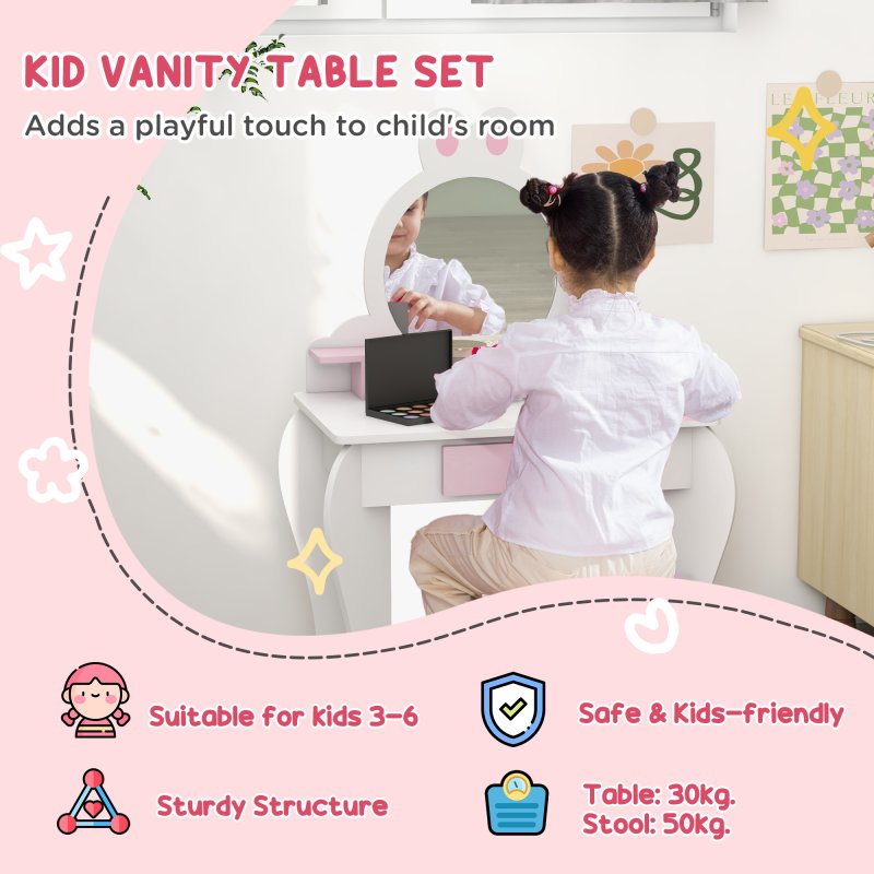 ZONEKIZ Kids Dressing Table with Mirror and Stool , Kids Vanity Table Girls Dressing Table with Drawer, Storage Shelf, Rabbit Design, for Ages 3-6 Years - White and Pink