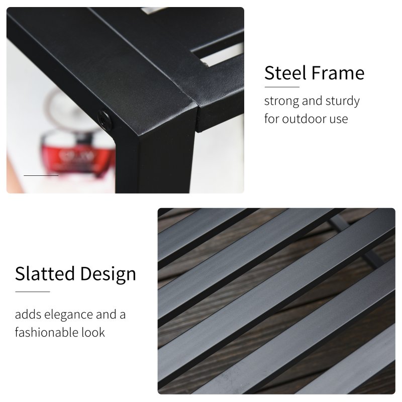 Outsunny Patio Tete-a-tete Chair 2 Seat Bench Middle Coffee Table w/ Umbrella Hole for Outdoors Decorative Slatted Design Steel Frame Black