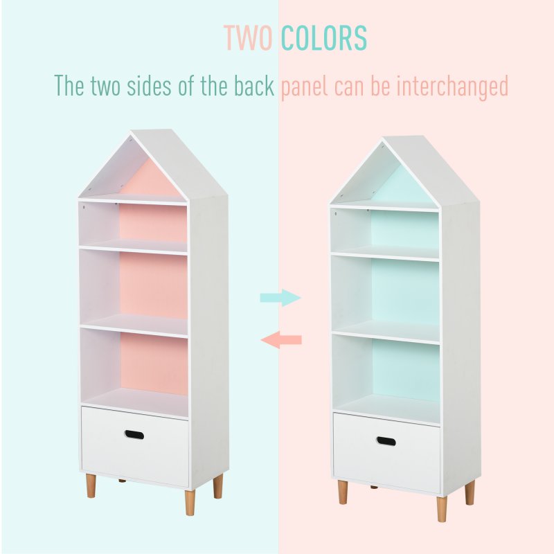 HOMCOM Kids Children Wooden Bookcase w/Drawer Bedroom Furniture Bookshelf Storage Rack Display Unit Toys Games Organisation Cabinet Pink Blue Back Panel 50 x 30 x 142 cm