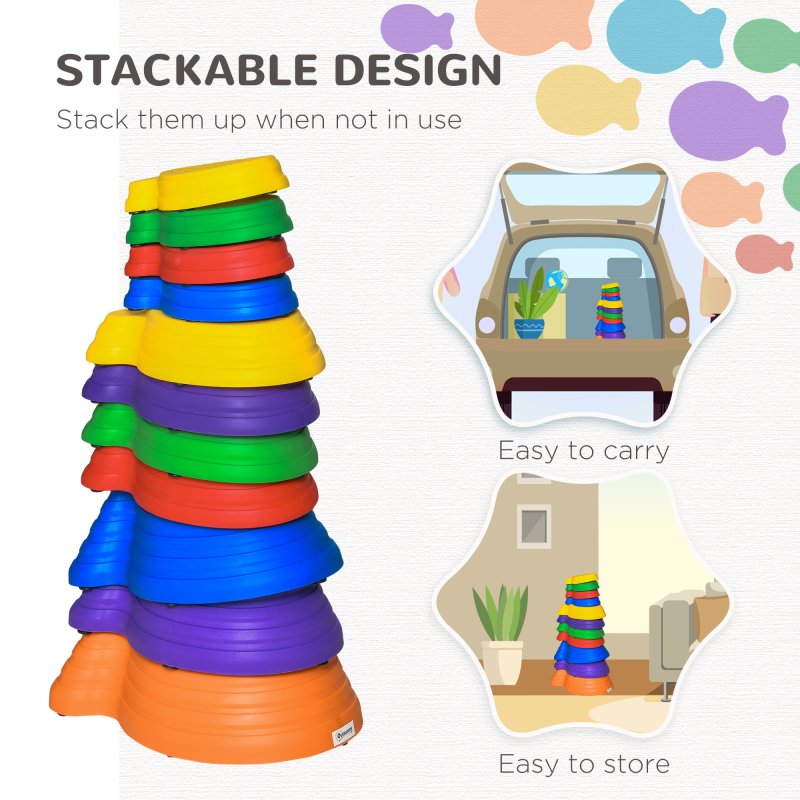 Outsunny Kids Balance Stepping Stones 11-Piece Fish Shape Non-Slip Obstacle Course Stackable Balance Blocks Exercise Toddler Balance for Indoors and Outdoors - Multicoloured
