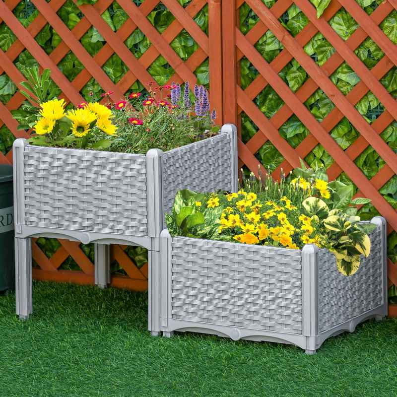 Outsunny Set of 2 26L Garden Raised Bed Elevated Patio Flower Plant Planter Box PP Vegetables Planting Container, Grey