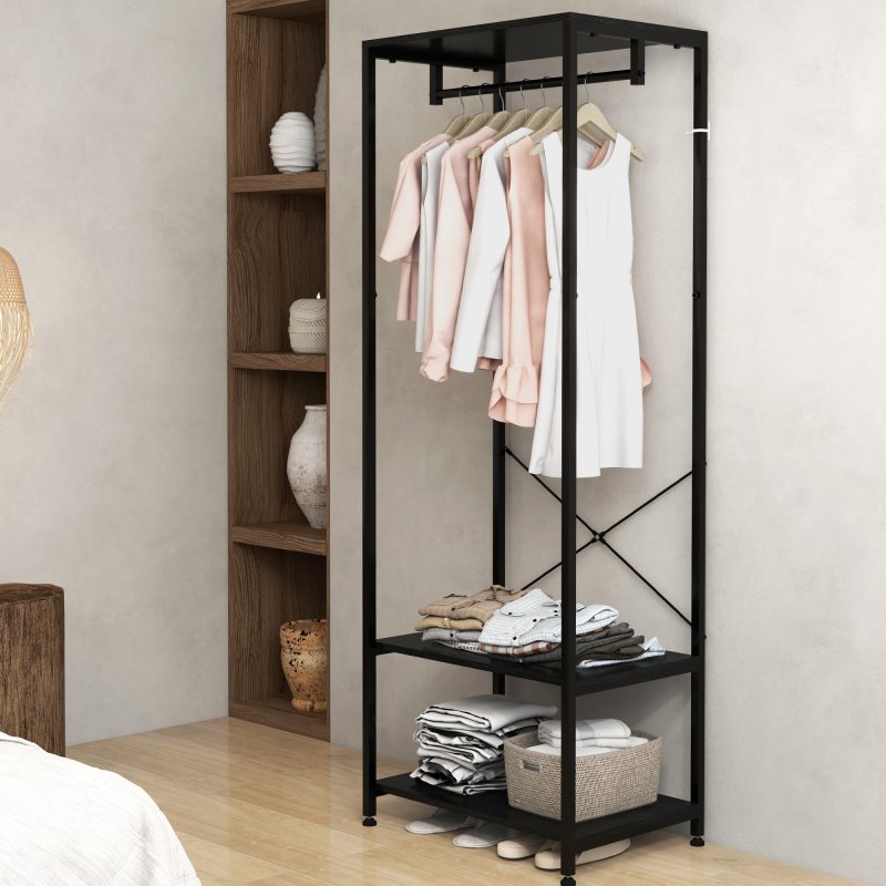 HOMCOM Coat Rack, 2-in-1 Clothes Stand with Shoe Storage, 168cm Free Standing Hall Tree with Hanging Rail and 2 Storage Shelves for Hallway, Entryway, Bedroom
