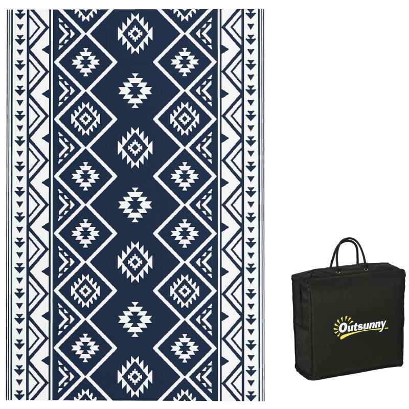 Outsunny Reversible Outdoor Rug with Carry Bag, Waterproof Plastic Straw Mat for Garden, Deck, RV, Picnic, Beach, Camping, 182 x 274cm, Dark Blue and White