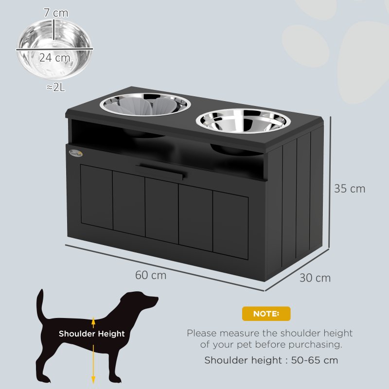 PawHut Raised Dog Bowl, Elevated Pet Bowls with Slow Feeder, Two Stainless Steel Bowls, Drawer, for Large & Extra Large Dogs, Black