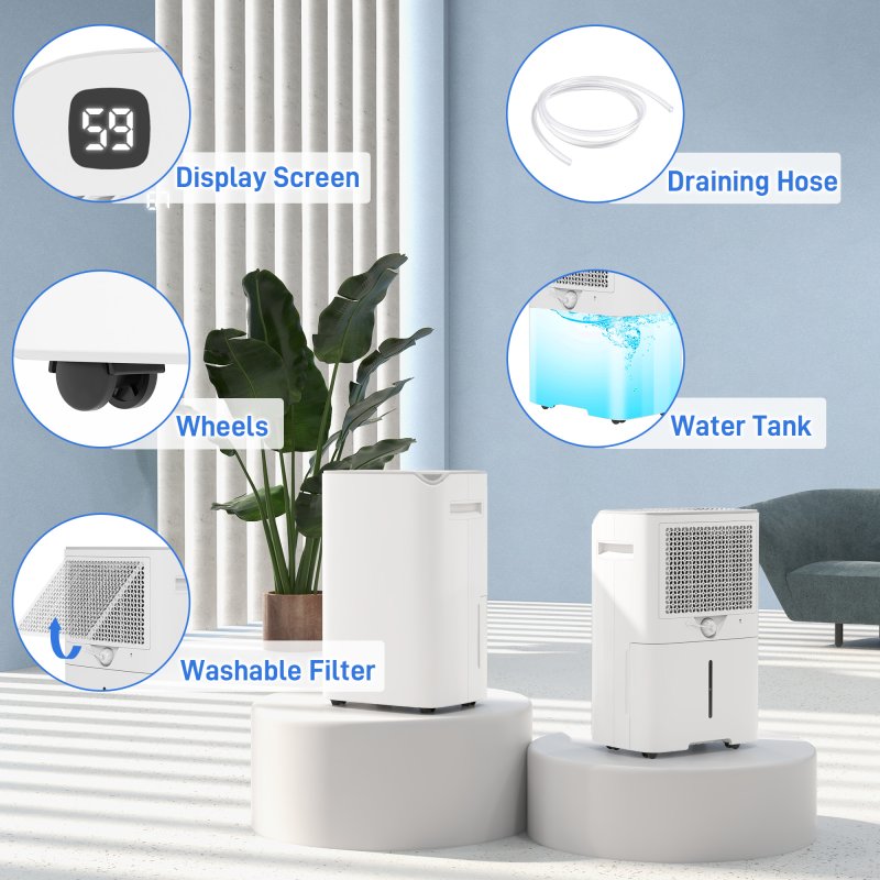 HOMCOM 20L/Day Dehumidifier with Continuous Drainage, 2.5L Water Tank, 24H Timer, Digital Humidity Display, Dehumidifier for Home Damp, Bedroom, Condensation, Mould, Laundry Drying