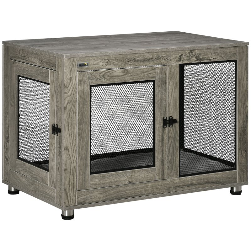 PawHut Dog Crate Furniture End Table w/ Soft Washable Cushion, Two Doors, Indoor Pet Kennel for Small Medium Large Dogs w/ Wire Mesh, Grey