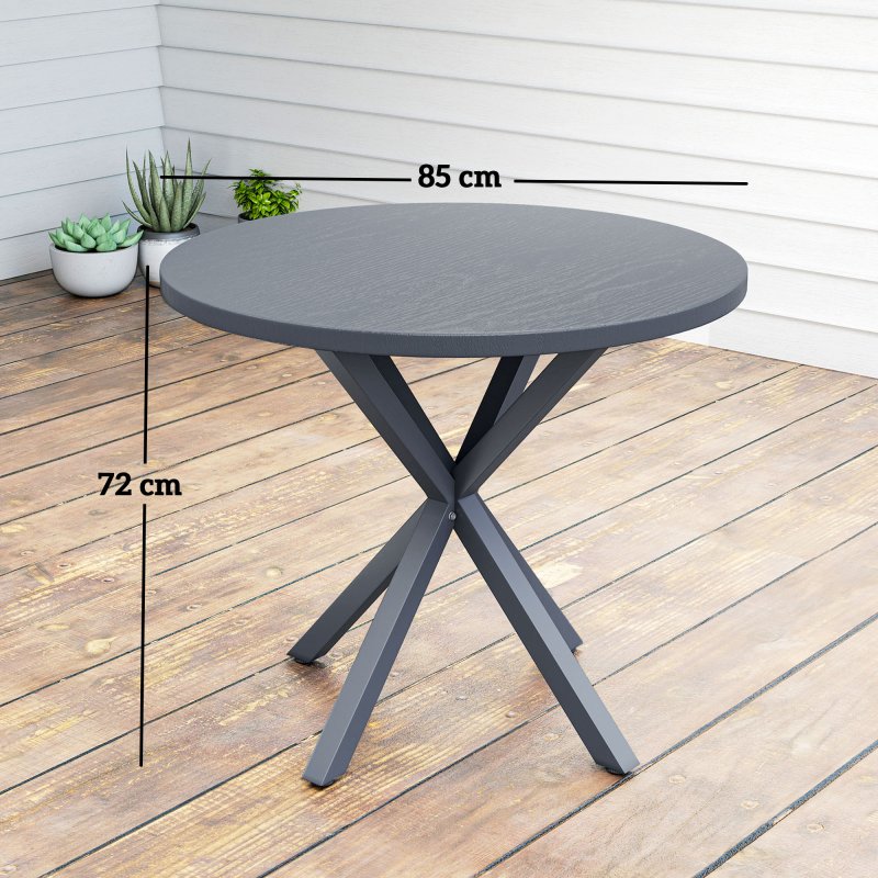 Outsunny Garden Table, 85cm Round Outdoor Dining Table with Steel Frame, Wood Effect Top, for Balcony, Deck, Dark Grey