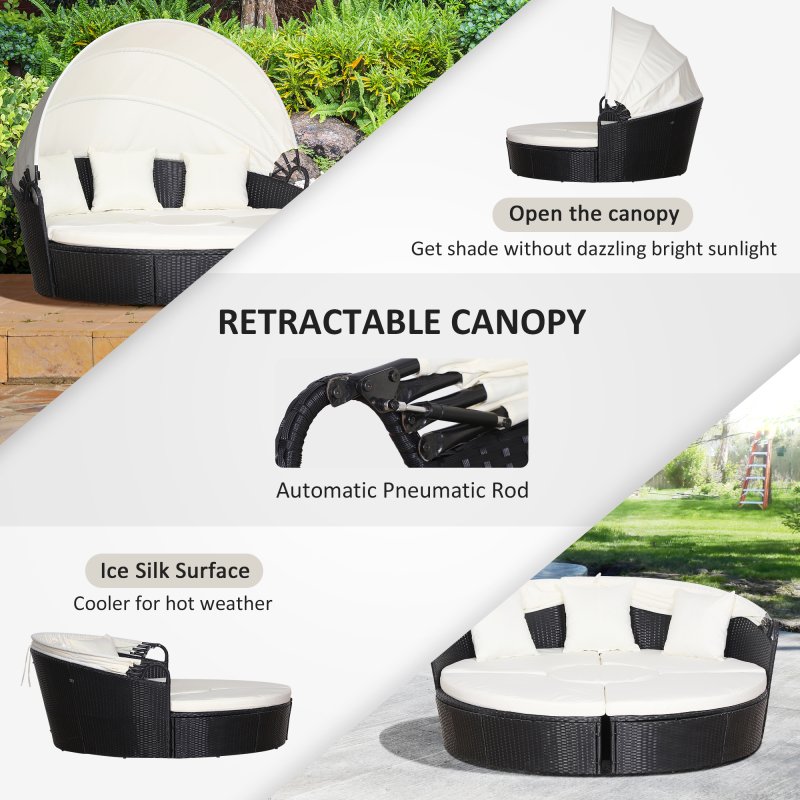 Outsunny PE Rattan Lounge Set, 5 Pieces Patio Conversation Furniture Set, Garden Round Sofa Bed with Cushion and Retractable Canopy, Black