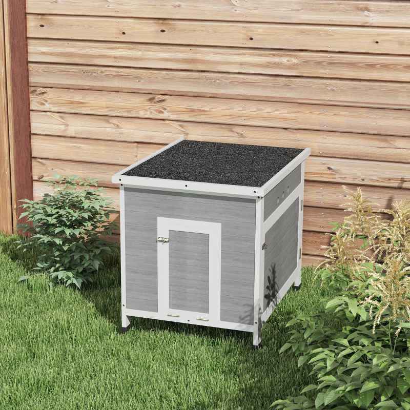 PawHut Wooden Duck House, Raised Poultry Coop with Ramp, Double Doors, Openable Asphalt Roof, Ventilation Holes, Removable Base, for 2-4 Ducks, Chickens, Geese, Light Grey